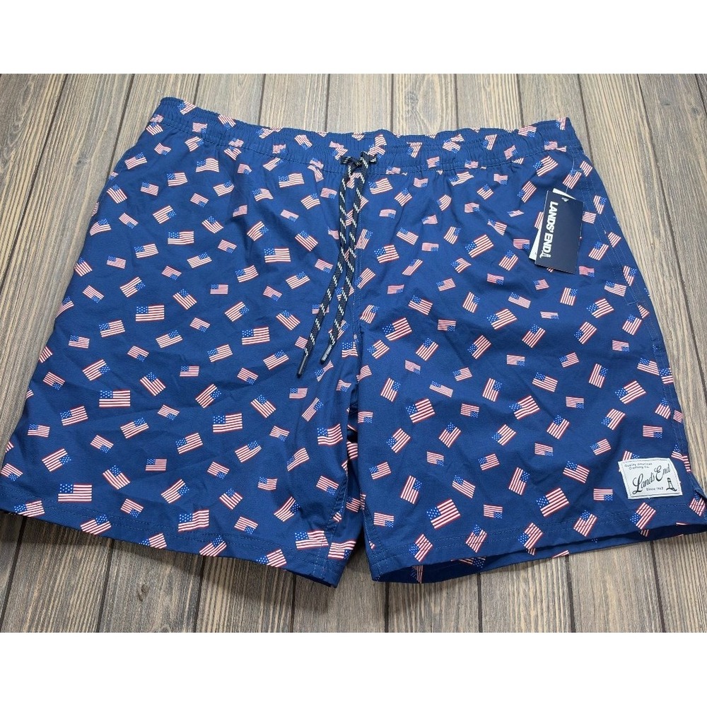 Lands' End Men's XXL Swim Trunks Board Shorts Navy American Flag UPF 50+ NWT